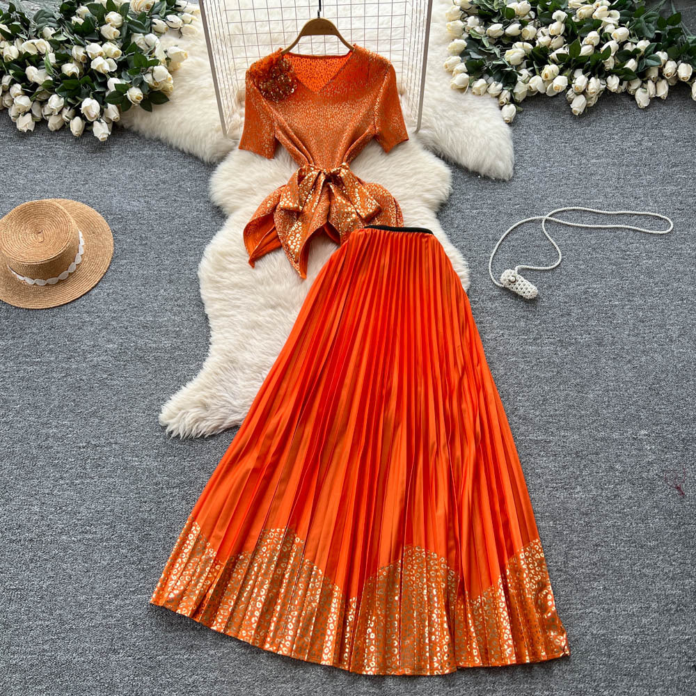 Classy suit women's summer strap waist stereo flower short sleeve ruffle hem topshigh waistpleated skirt