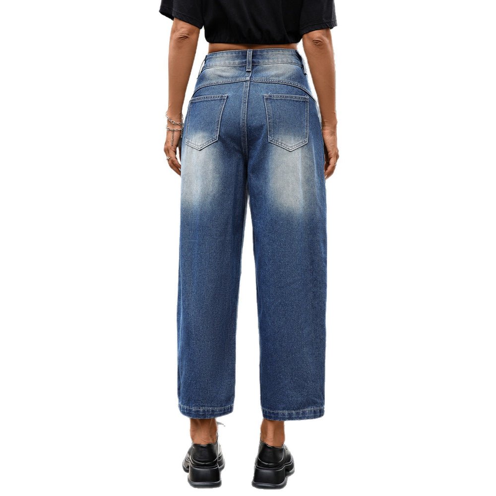European and american cross-border foreign trade street washed distressed jeans spring & fallstraight-legloosefashion high street vibe nine-point pants