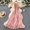 Luxury chic diamond-embellished halter dress - pink summer sleeveless high-waisted a-line pleated maxi dress - premium quality