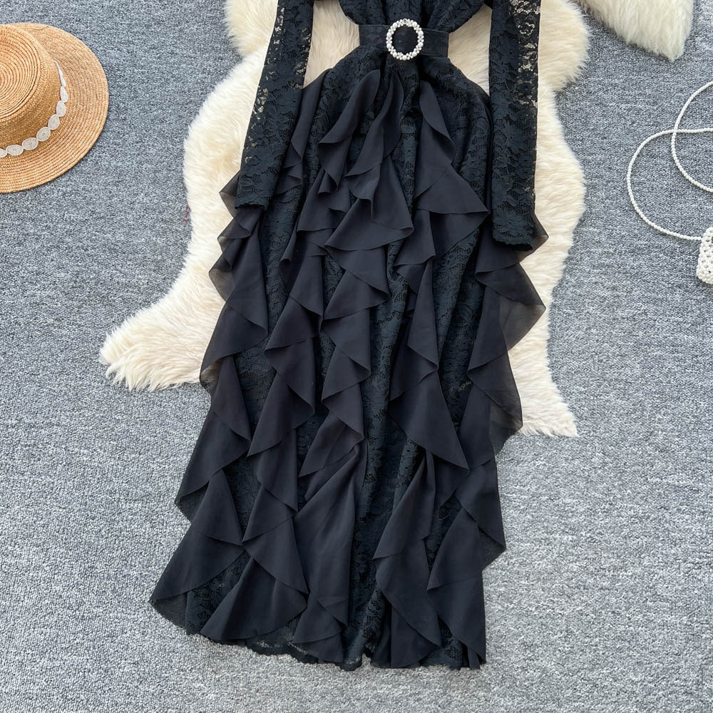 Frenchclassy stereo flower rufflespatchworklong sleeveslacedress women's accessible luxuryelegance dress long skirt