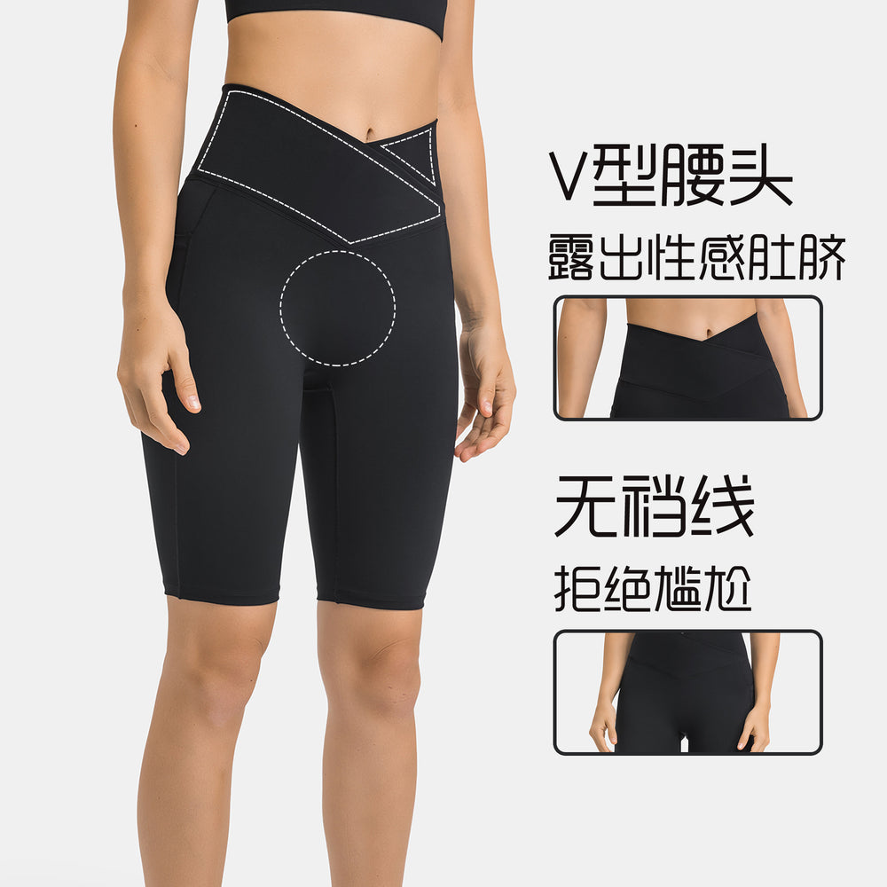 European and american style cross-waist athletic leggings for women, double side pockets, seamless (no t-line), high-elasticity, butt-lifting, 5-inch yoga pants dk197