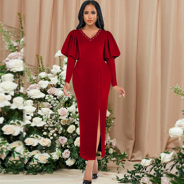 V-neck lantern sleeves beaded high waist split party banquet dress red, women's dress party dress