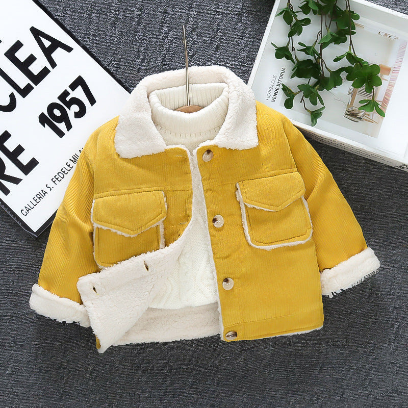 Baby thickened outerwear  new style children's fashionable fleece cotton coat infant corduroy jacket autumn and winter clothing for boys