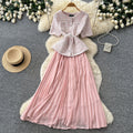Tweed stylesequin this beaded round neck dress women's summerclassy sense waist slimming lookpleated long skirt work clothing