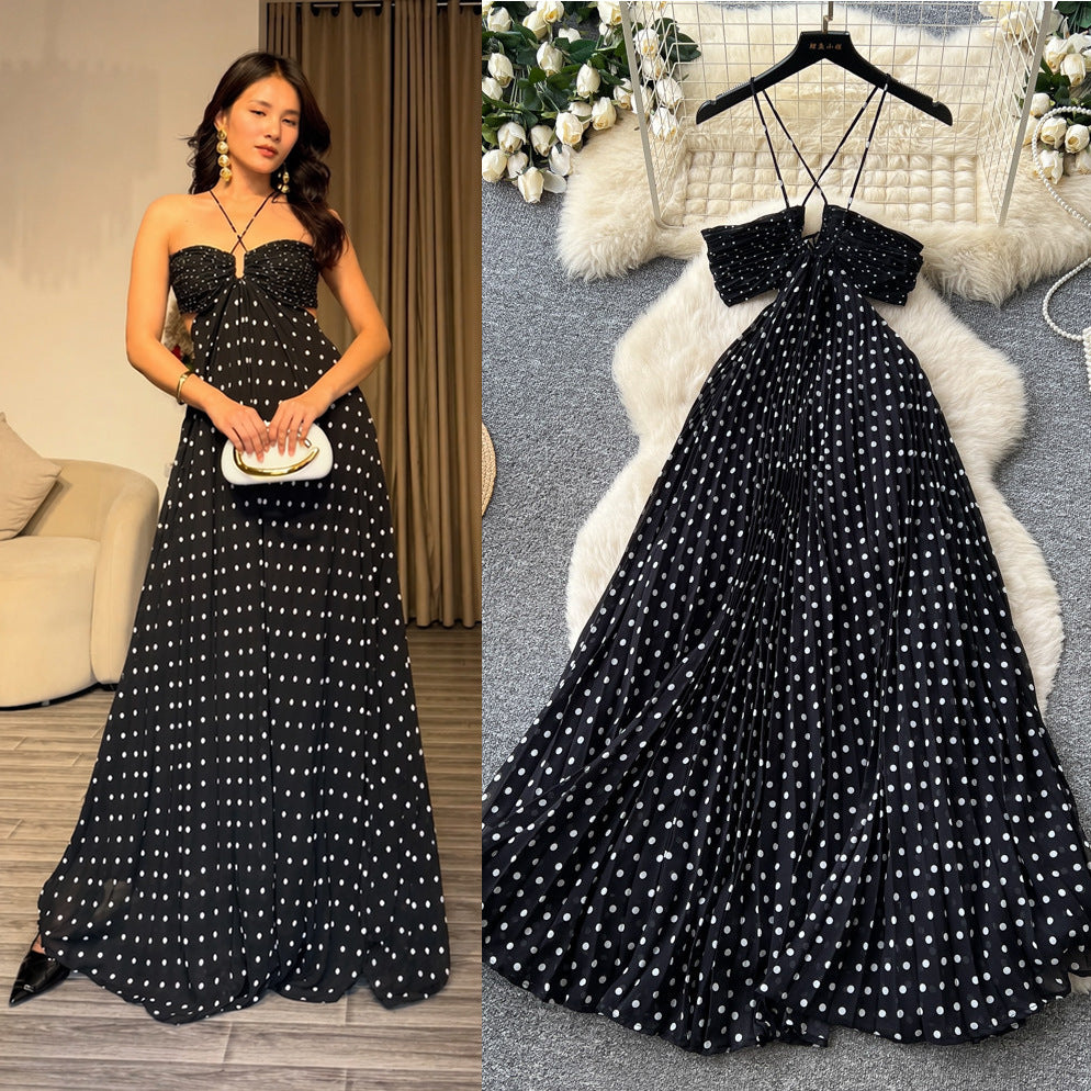 French polka dot suspender sexy backless dress women's korean style black v neck waist slimming look long skirt classy sense