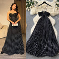 French polka dot suspender sexy backless dress women's korean style black v neck waist slimming look long skirt classy sense