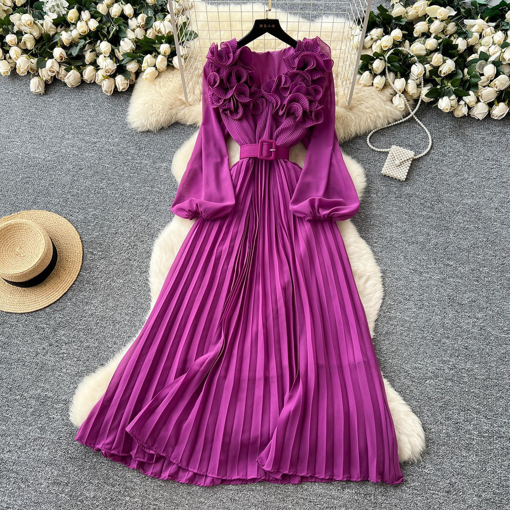 Frenchretrostereo flower lantern sleeve waist pleateddress women 2025new arrivalslimming lookelegant long skirt