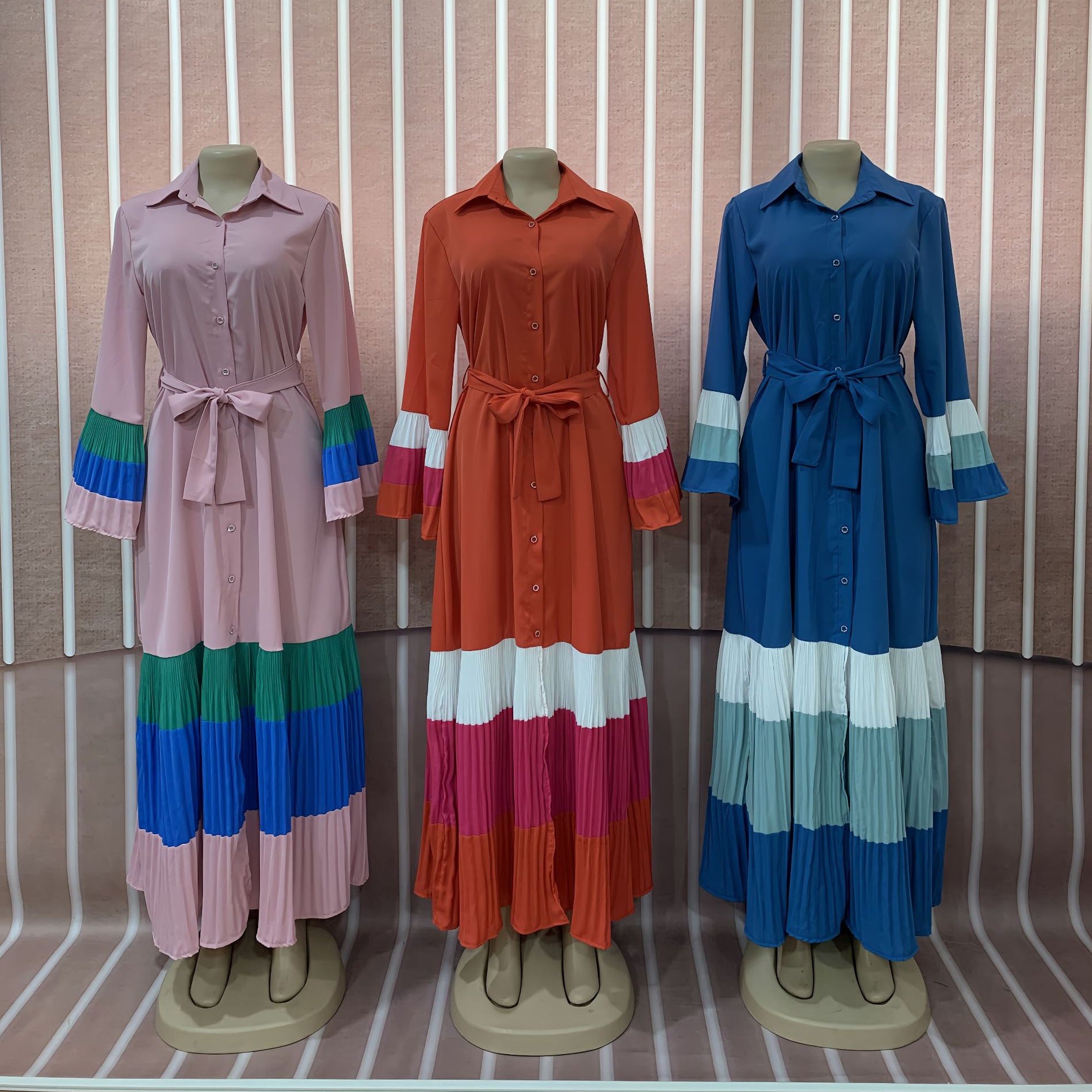 Cross-border  women's clothing color matching ruffle edge horn sleeve pleated dress lapel cardigan chiffon dress