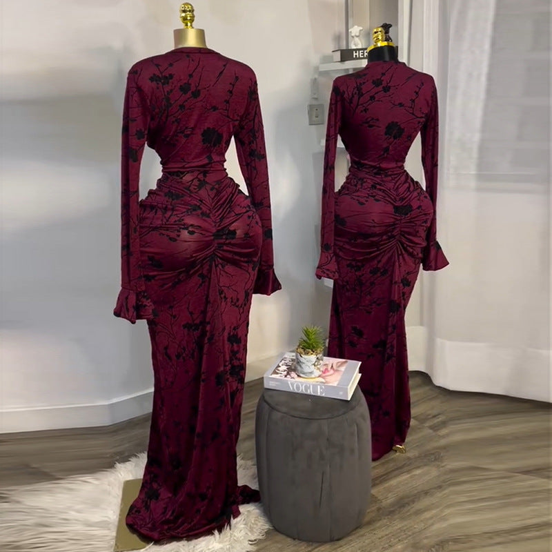 European and american cross-border women's fashion:  summer new arrival - elegant round neck printed design, long sleeve bodycon mini dress