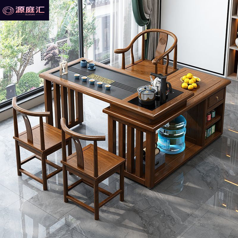New chinoiserie solid wood tea table rotate table and chair complete set of water kettle all-in-one tea table balcony living room small apartment coffee table