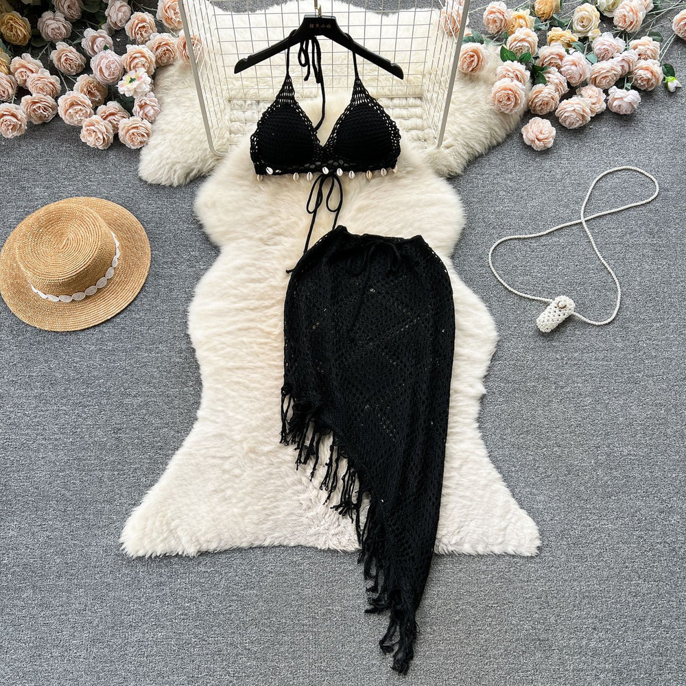 Ins vacation style suit women's sense of design bikini halter vest easiest for match tassel skirt knittingtwo-piece set