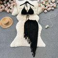 Ins vacation style suit women's sense of design bikini halter vest easiest for match tassel skirt knittingtwo-piece set