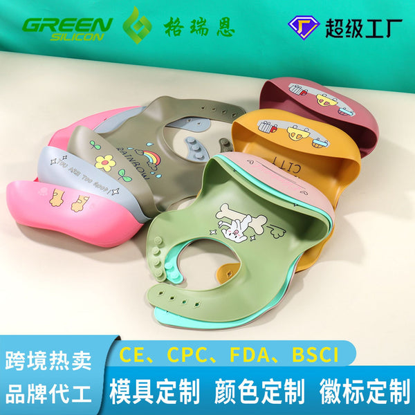 Baby silicone printed bib cartoon bib platinum silicon baby gift tableware set 3D saliva pocket