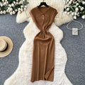 new arrivalniche styleretrok-stylefashionpolo collar short sleeve waist slimming lookelegant slit knittingdress