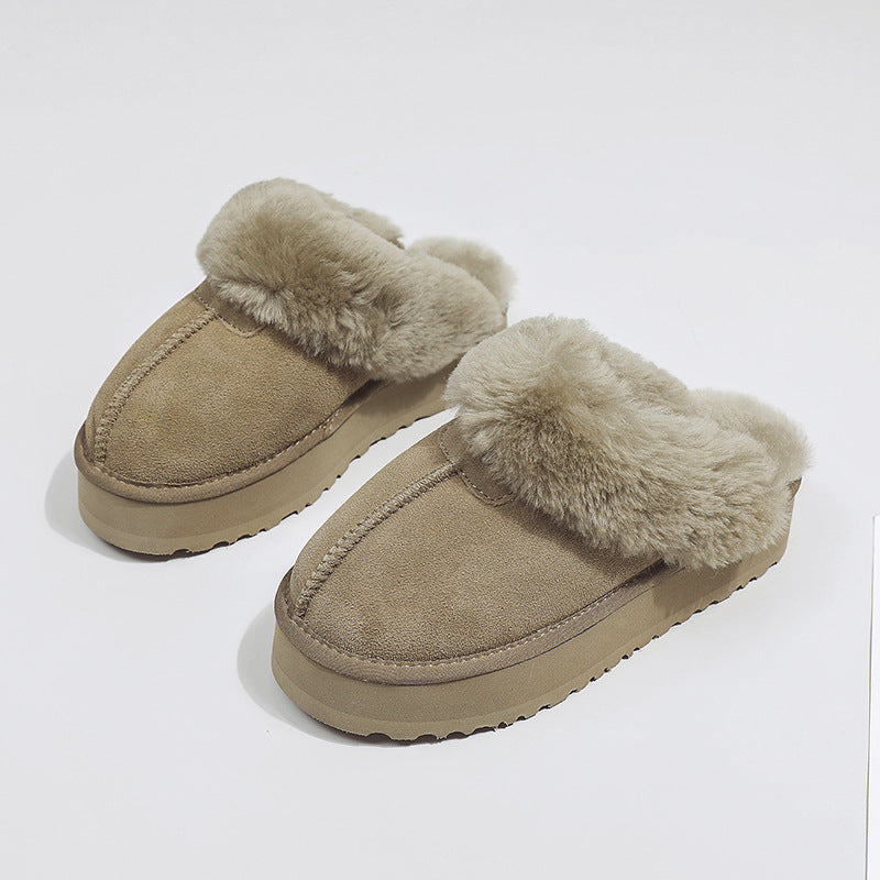 Women's fuzzy slippers - new 2026 autumn/winter collection: thick-soled snow boots, fleece-lined closed-toe half slippers, outdoor cotton shoes