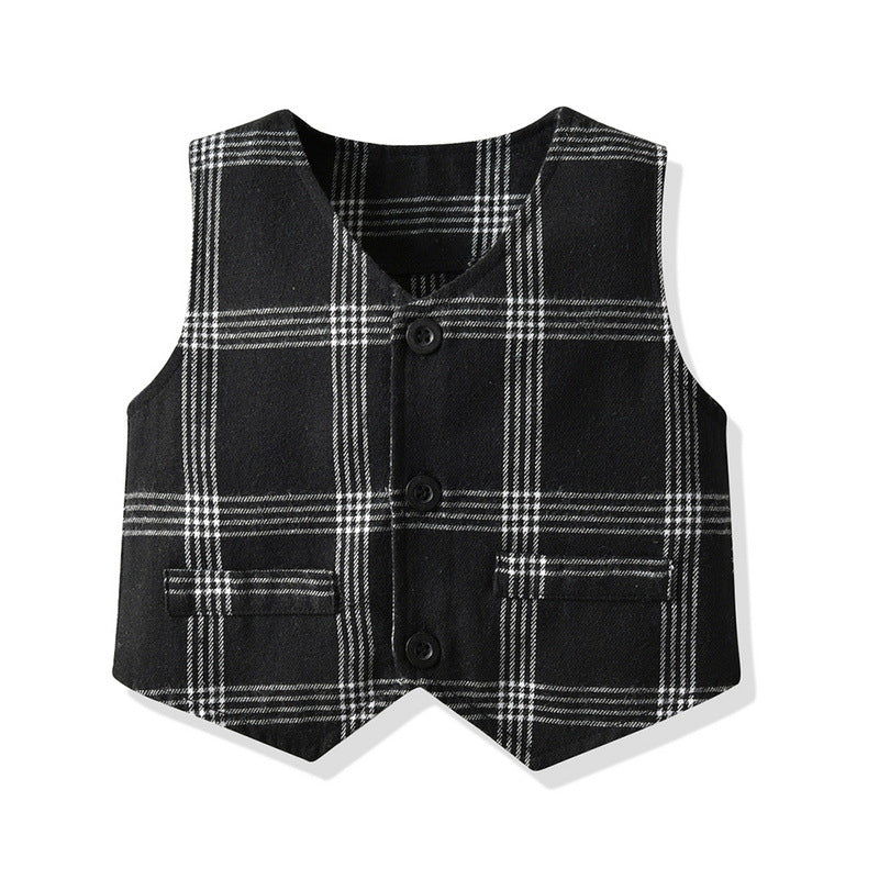 Boys' spring/autumn outfit set: baby boy plaid vest, korean style children's first birthday dress, boys' suit