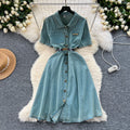 Short-sleeved dress women's summer wear new arrivalk-style polo collar single-breasted waist a-line mid-length denim skirt