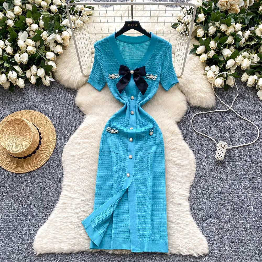 Korean style socialite v-neck knitted dress - women's summer bowknot rhinestone embellished slimming design - stunning elegant long dress