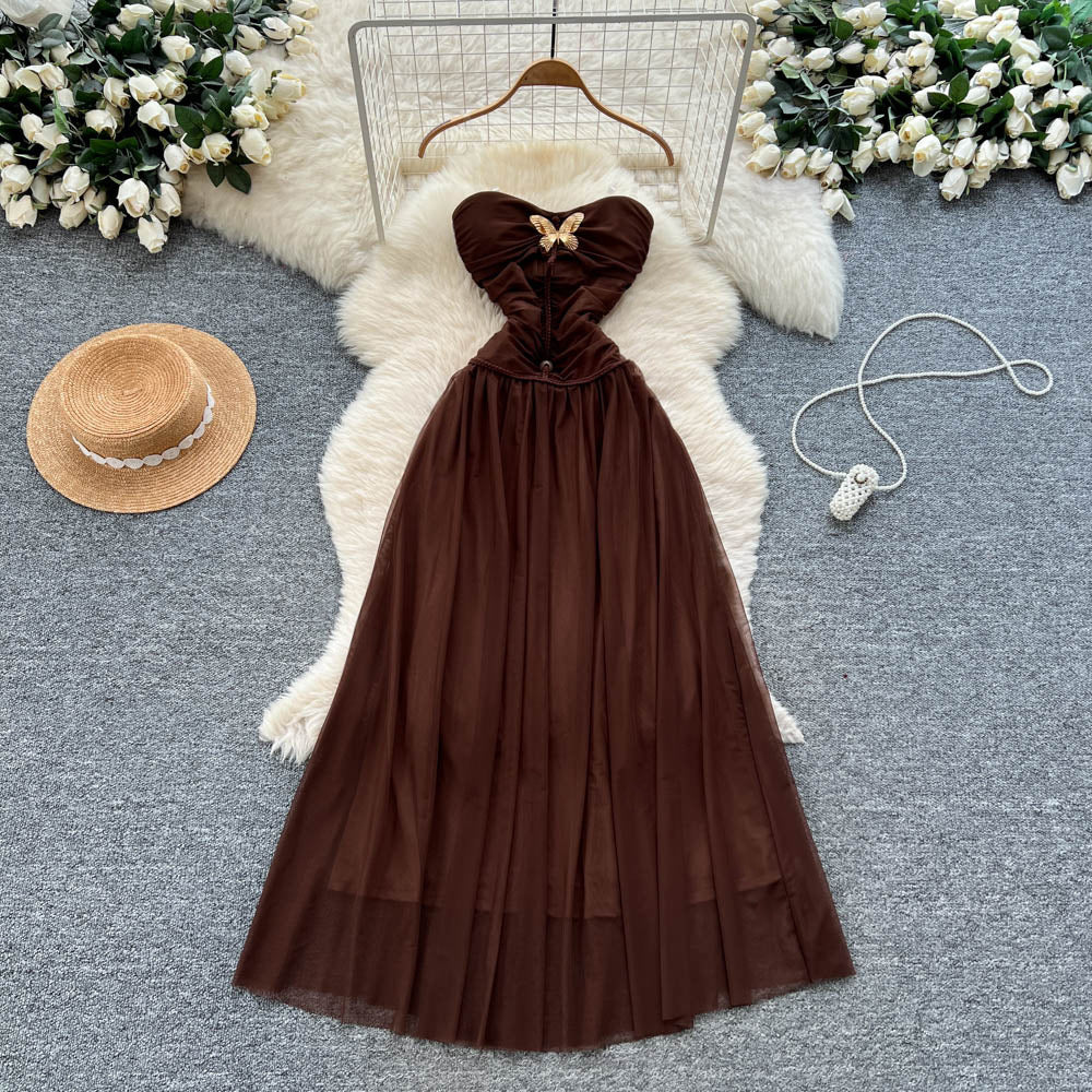 Retrotube top butterfly off-the-shoulder dress women's new arrivalhigh waist waist slimming look a-line mesh long skirt elegant outfit