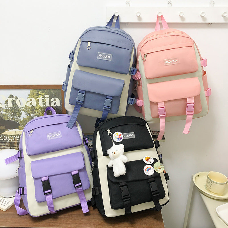 New fashionable contrasting color student schoolbag junior high school large-capacity four-piece backpack class travel backpack make-up bag