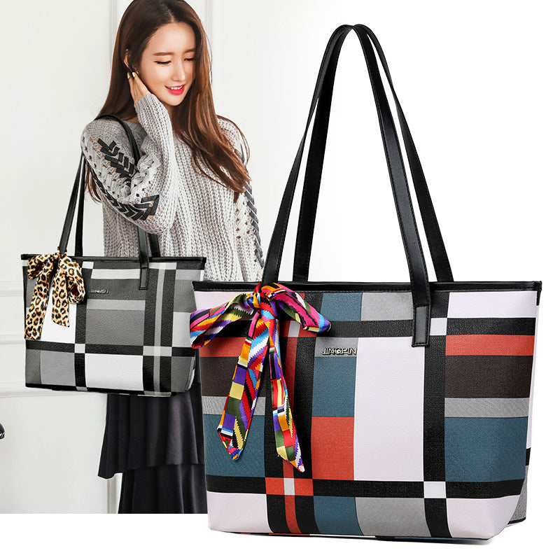 women's color block tote bag - minimalist plaid shoulder bag - large capacity commuter casual versatile handbag