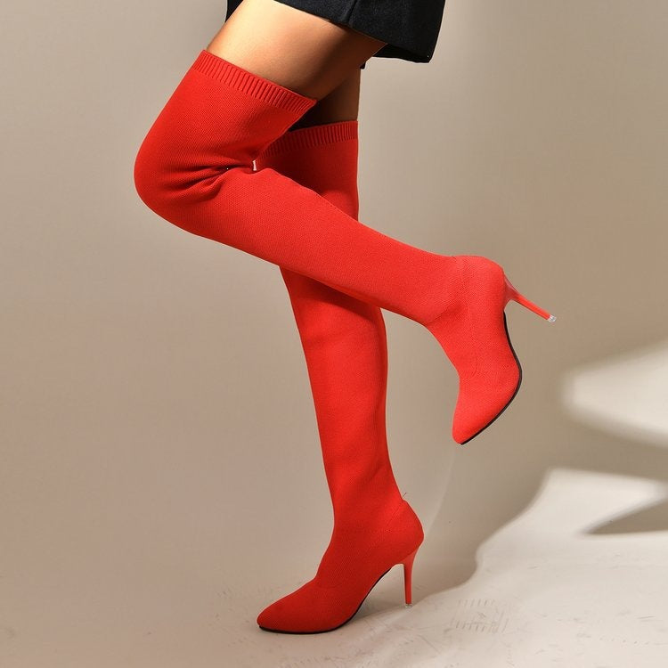 2026 spring new arrival: plus size women's boots - stretch boots, retro stiletto high heels, knitted over-the-knee boots
