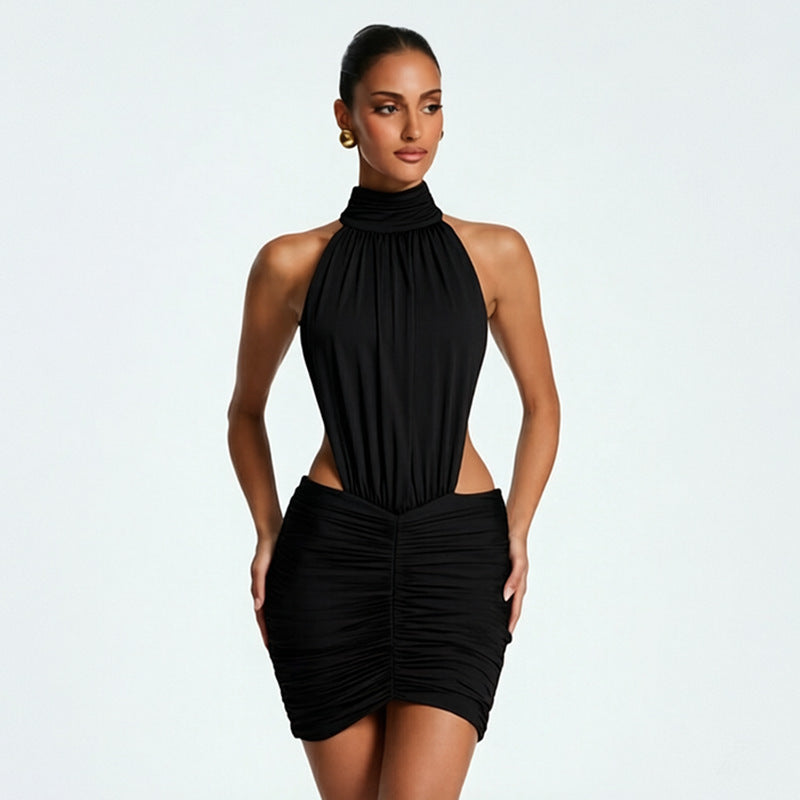 European and american export women's clothing  summer new solid color high neck sleeveless ruched sexy backless bodycon dress