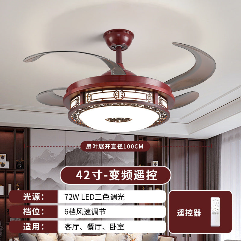 Wood art frequency conversion restaurant invisible ceiling fan light living room lamp solid wood 42 inch 48 Chinese style mahogany Chinese fan light
