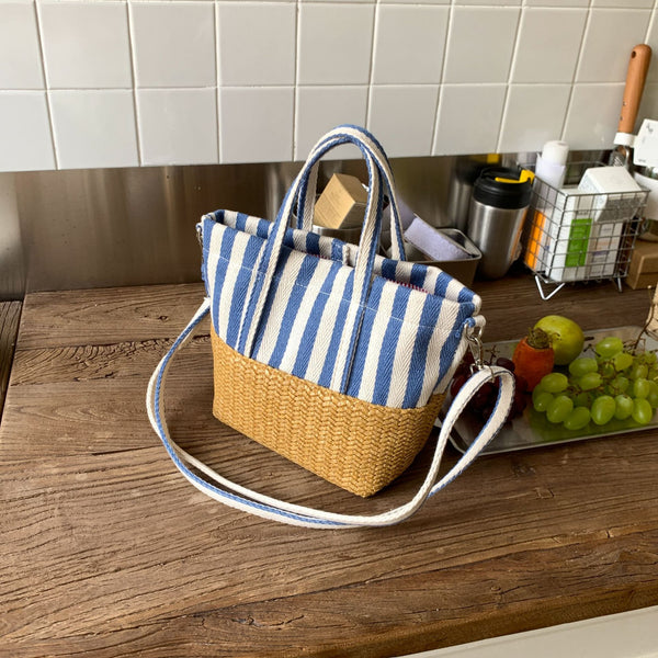 Striped handmade straw bag European and American fashion vegetable basket tote bag 2025 summer large capacity portable beach bag women