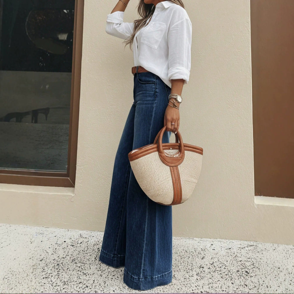 European and american style women's dark blue high-waisted wide-leg jeans - vintage washed, loose fit, flowy, floor-length flare pants