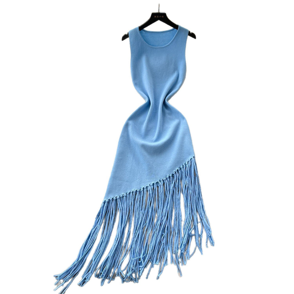 new european and american  cross-border e-commerce women's sleeveless slim-fit tassel french summer cinched waist maxi dress