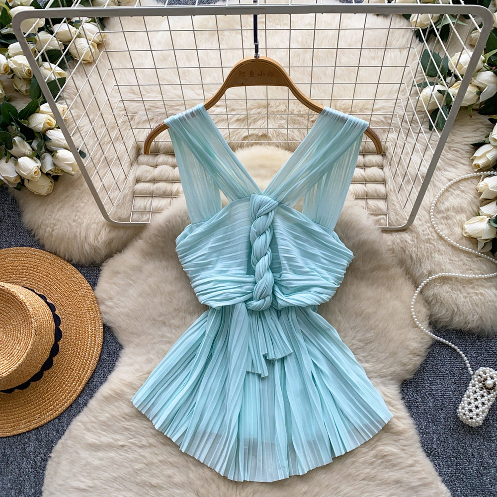 French pleated work clothing style halter suspender women's summer silmslimming look hot girl eleganttopsclassy sense vest