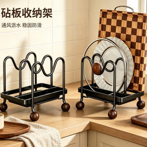 Medieval style countertop pot lid chopping board rack carbon steel kitchen cutting board rack pot spatula spoon vertical drain rack