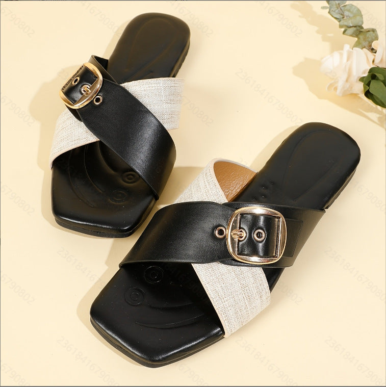 2025 summer new women's flat sandals - leather strap outdoor slides - black thong sandals