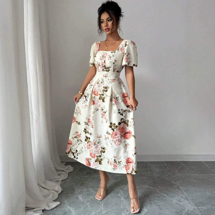 new european and american summer collection: french-style printed square neck bubble sleeve dress with cinched waist