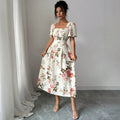 new european and american summer collection: french-style printed square neck bubble sleeve dress with cinched waist