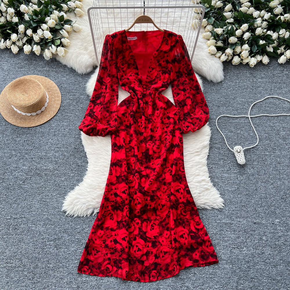 European and american style printed bubble sleeve dress - women's autumn slimming, figure-flattering, mature, chic, and exquisite long dress
