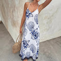 Amazon's new white bottom blue large flower suspender dress with beaded edge design, vest a-line long skirt