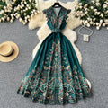 European and american style high-end elegant dress with flutter sleeves, cinched waist, v-neck, single-breasted button detail, and printed design - vintage long dress