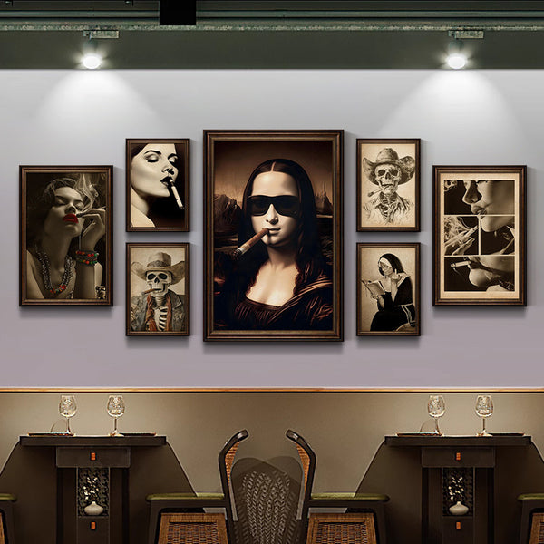 Retro cigar bar decorative painting American industrial style smoke line winery bar hanging painting KTV private room whiskey mural