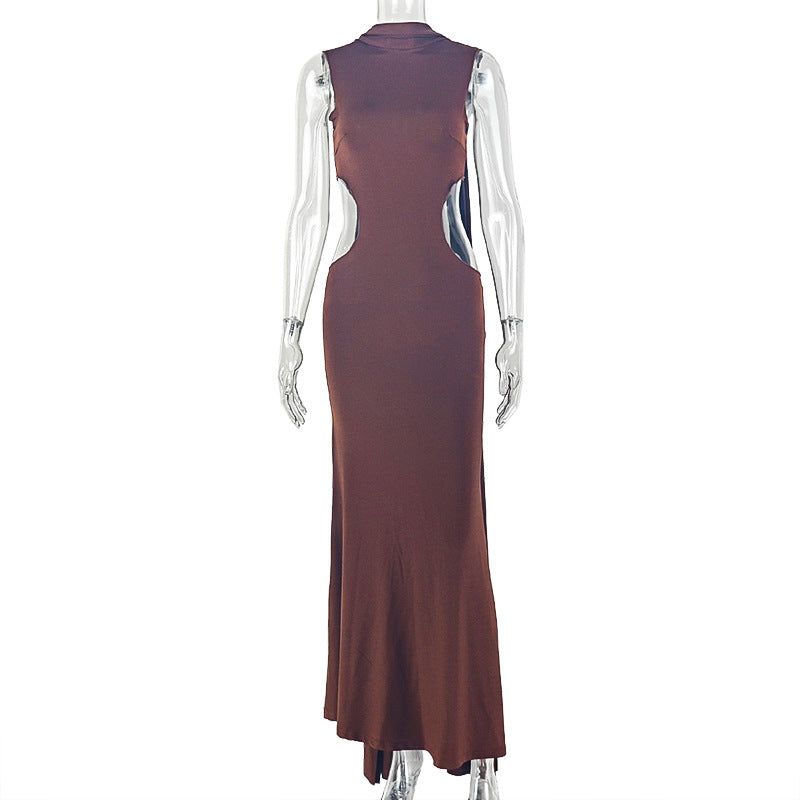 Fashion styleexportpure color women's clothingcut outslim hip skirtnew arrival one-step work clothing round neck strap long dress