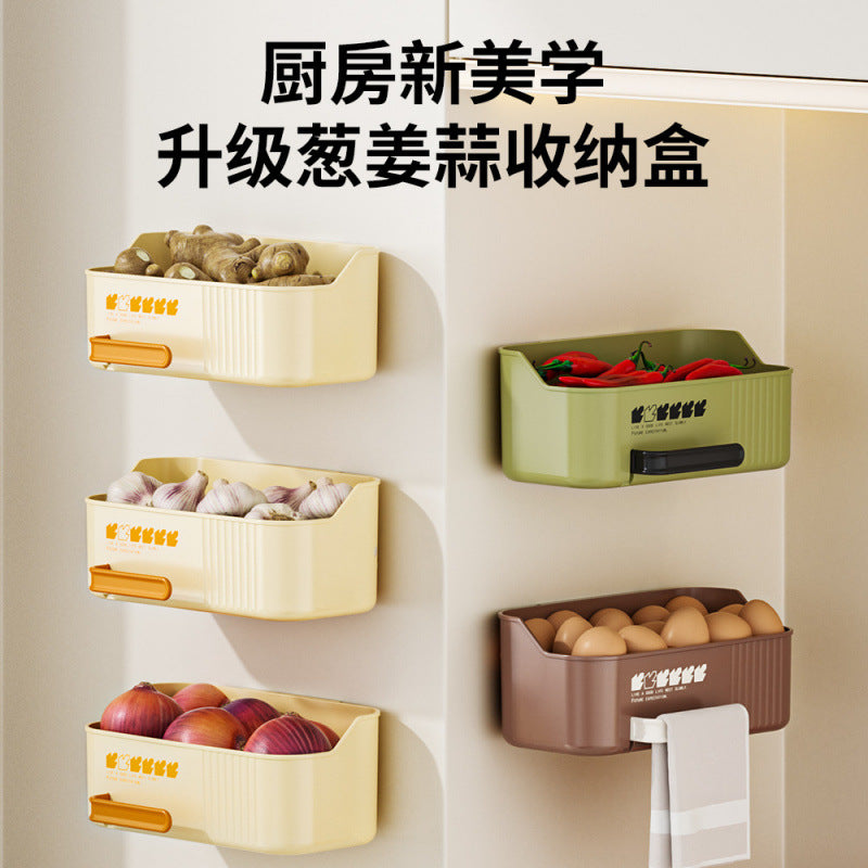 Kitchen rack, onion, ginger, garlic storage box, suction cup wall hanging, ginger, garlic storage artifact, no punching, hanging basket for dishes