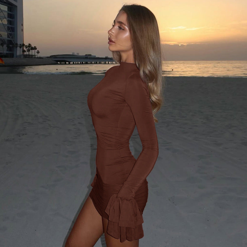 Fashion style cross-border pure color women's short casual bell sleeve hip skirt high collar silmslimming look street dress