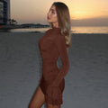Fashion style cross-border pure color women's short casual bell sleeve hip skirt high collar silmslimming look street dress