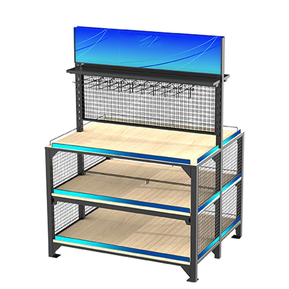 Customized supermarket beverage shelves, iron and wood display racks, beverage drinks, wine, Zhongdao display racks, convenience store beverage racks
