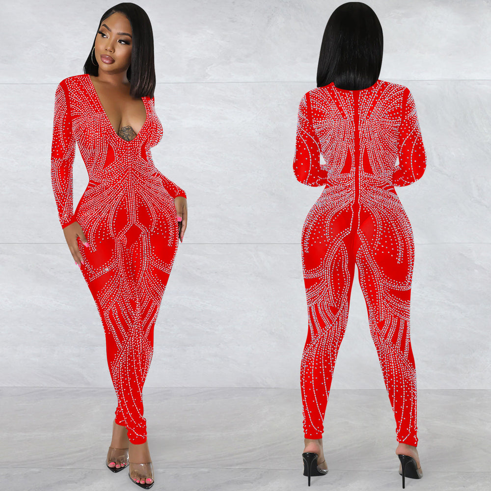 C5885   fashion sexy nightclub mesh see-through long sleeve v-neck jumpsuit women's bodysuit