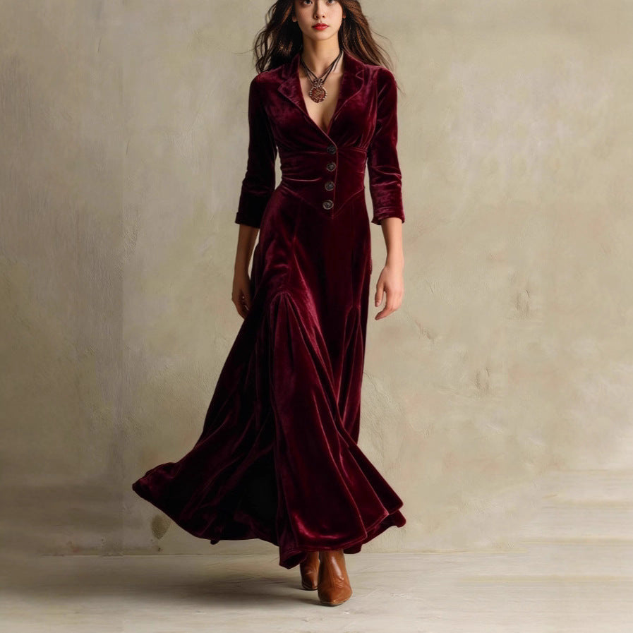 european and american women's clothing  independent station pure color button lapel three-quarter sleeve long skirt dress waist swing skirt