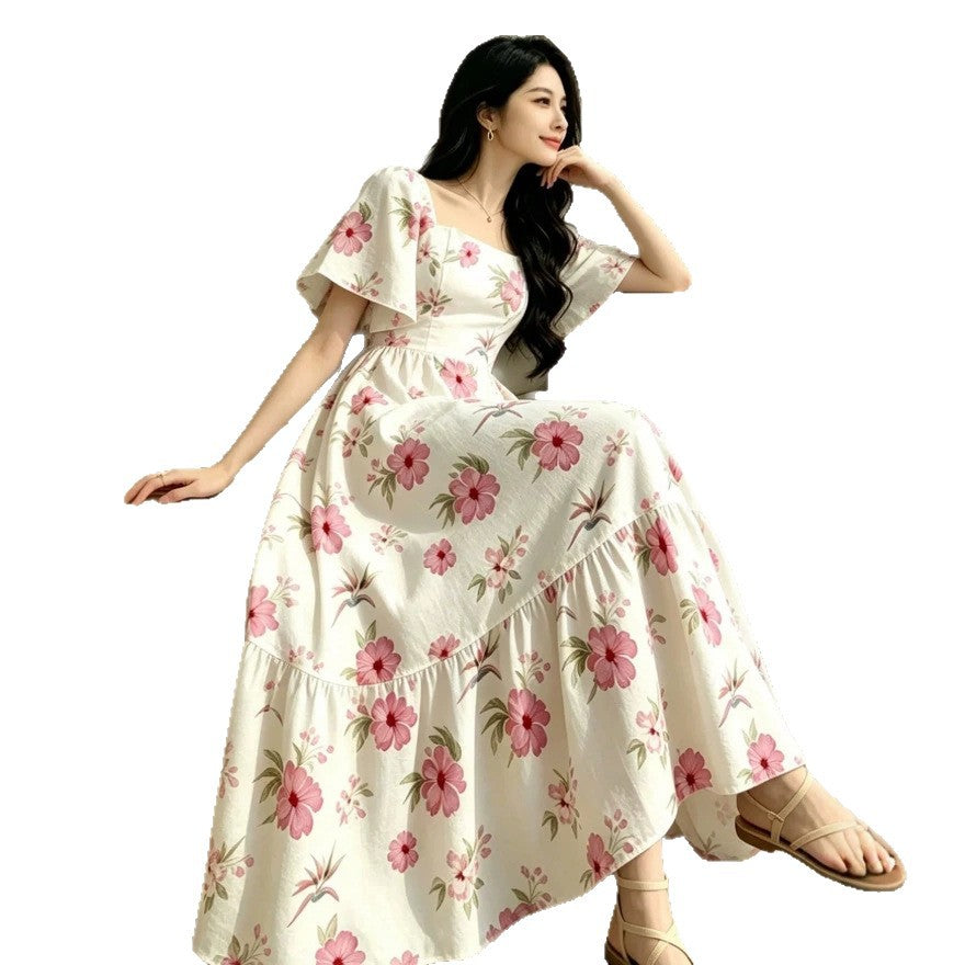 European and american  summer new sweet vacation style puff sleeve square neck rose print cinched waist dress