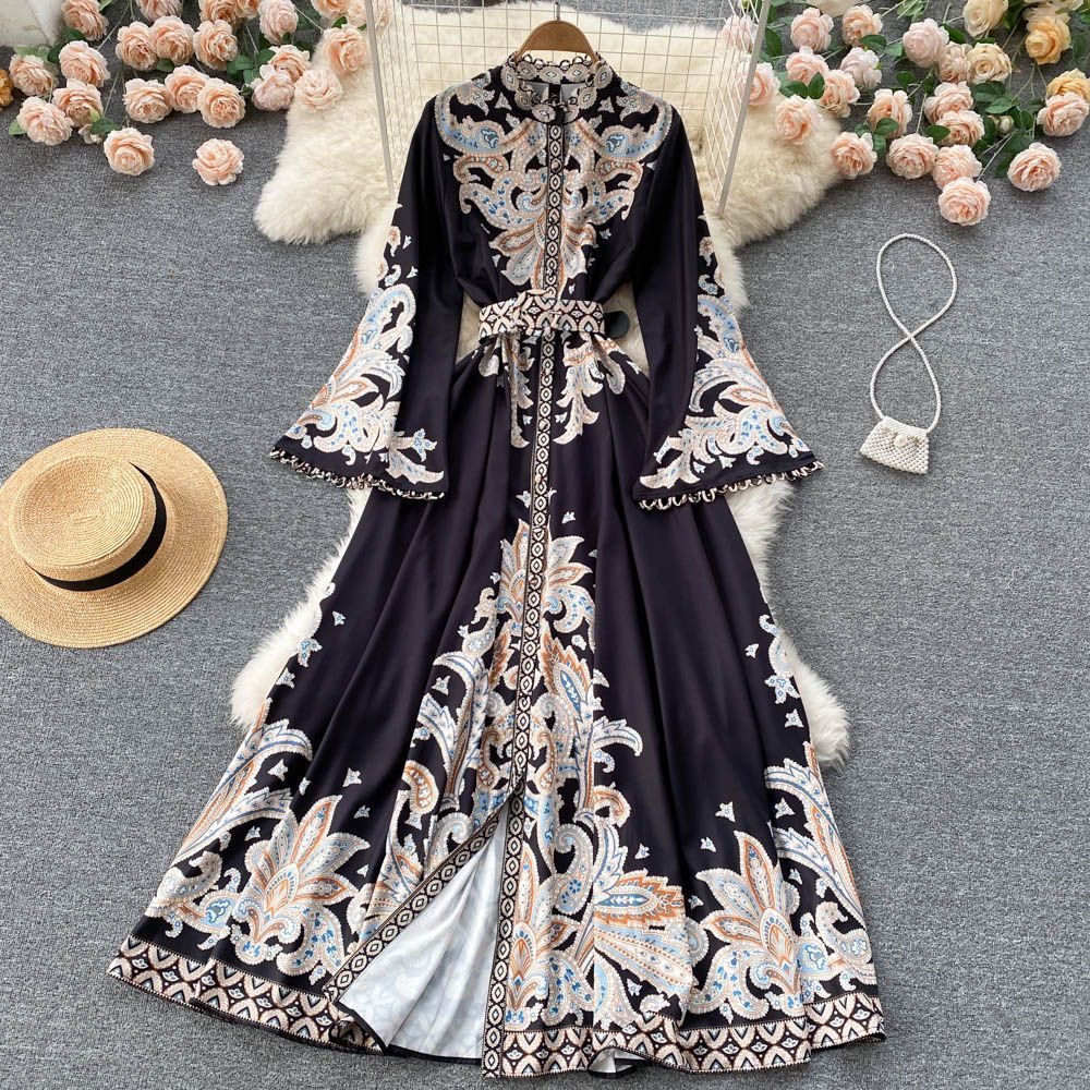 Spring autumretro stand-up collar bell sleeves printingdress women's fashion ins palace style large swing over-the-knee long skirt