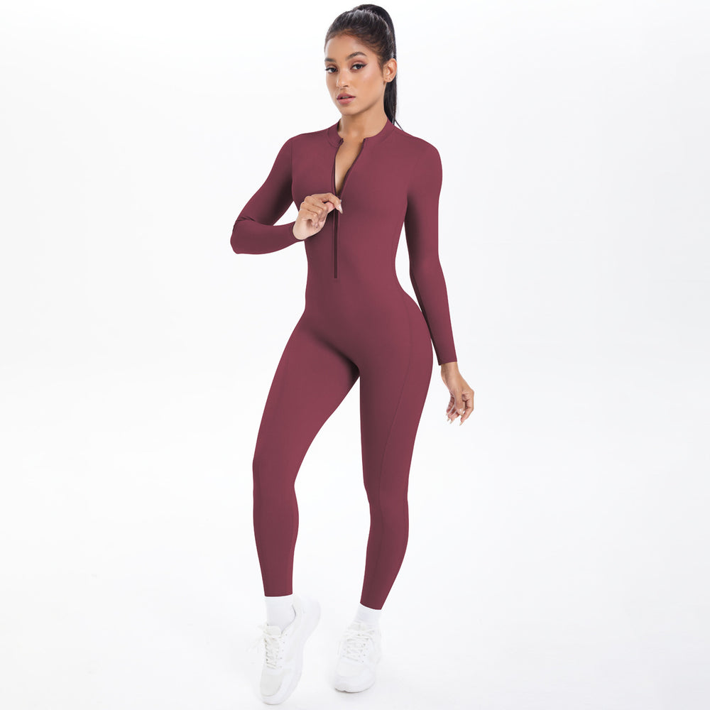 Half-zip, back-smoothing, butt-lifting yoga bodysuit. long, one-piece design for outdoor leisure, running, and fitness activities. women's activewear